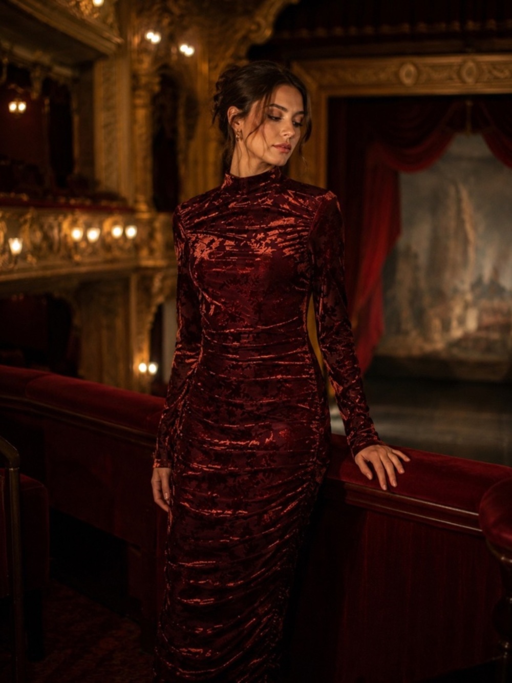 Badgley Mischka Deep Garnet Velvet Long-Sleeve High-Neck Gown Midi Dress
